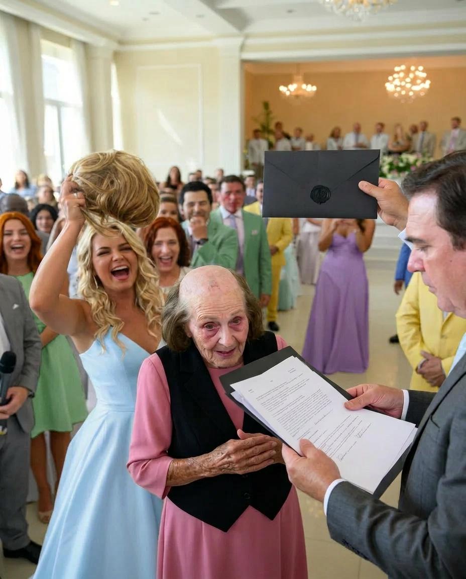 Lors du mariage de mon fils, ma belle-fille a arraché la perruque de ma femme, révélant les traces de mois de traitement, sous les rires de certains invités. Je suis monté sur scène, j’ai recouvert ma femme de ma veste et j’ai ouvert l’enveloppe contenant les documents de mariage… Quand elle a vu les papiers à l’intérieur, son sourire s’est soudainement illuminé…