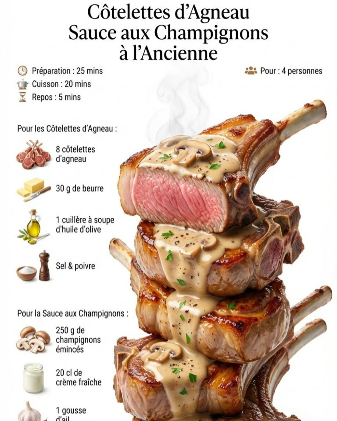 Côtelettes d’agneau sauce aux champignons à l’ancienne