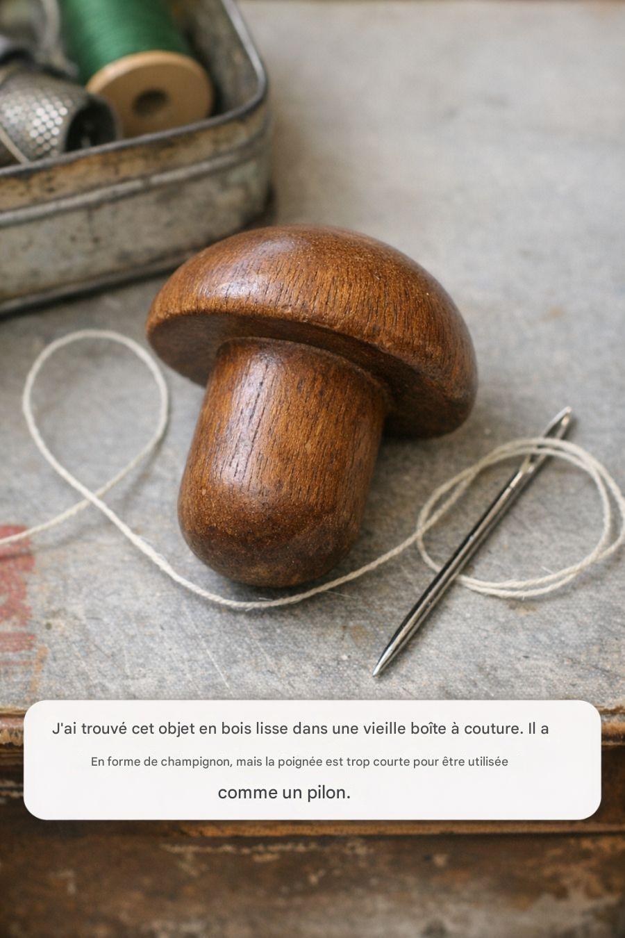 J’ai trouvé cet objet en bois lisse dans une vieille boîte à couture. Il a la forme d’un champignon, mais son manche est trop court pour servir de pilon.Consultez le premier commentaire pour plus de détails