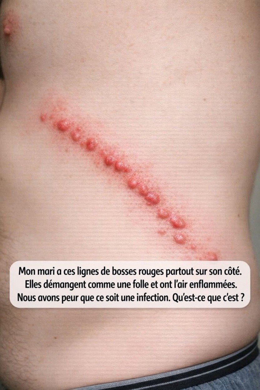 Mon mari a des lignes de petits boutons rouges sur tout le côté. Ça le démange énormément et ça a l’air enflammé. On a peur d’une infection. Qu’est-ce que c’est ?
