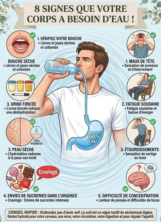 🚨 8 signes que votre corps a besoin d’eau ! 💧😳.