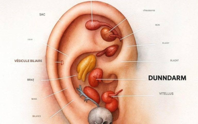 Les zones au centre de l’oreille sont reliées à l’estomac, à l’intestin grêle et au système digestif. Ils sont particulièrement utiles pour les ballonnements, la sensation de douleurs pleines ou abdominales.