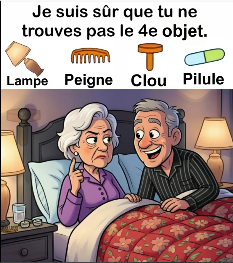 Trouvez Lampe, Peigne, Clou, Pilule.