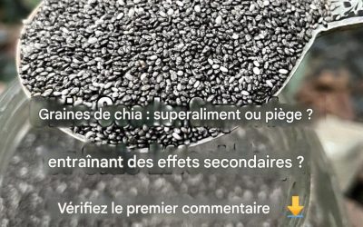 6 effets secondaires des graines de chia à connaître  Les graines de chia, un superaliment consommé depuis l’époque aztèque, connaissent un regain de popularité. Elles figurent sur toutes les listes nutritionnelles comme une riche source de fibres, d’oméga-3, de protéines, de vitamines et de minéraux.  Bien que les graines de chia soient excellentes dans le cadre d’une alimentation équilibrée et souvent présentées comme une aide à la perte de poids, une consommation excessive comporte des risques. Voici quelques effets secondaires à surveiller :  1. Elles peuvent provoquer de la constipation ou de la diarrhée.  Suite page suivante  Les graines de chia sont incroyablement riches en fibres, avec près de 11 grammes pour une portion de 30 grammes, soit une part importante de l’apport quotidien recommandé par l’Association américaine de diététique (ADA) : 38 grammes pour les hommes et 25 grammes pour les femmes. Cependant, un régime riche en fibres ne convient pas à tout le monde. Une consommation excessive de fibres peut entraîner des ballonnements, de la constipation ou de la diarrhée.  Il est recommandé de consommer les graines de chia avec beaucoup d’eau ou de les faire tremper avant de les manger. Cela facilite leur digestion et favorise la libération des nutriments. Par exemple, faites tremper une cuillère à soupe de graines dans un verre d’eau toute la nuit ou broyez-les et ajoutez-les à vos smoothies.  2. Risque d’étouffement.  Suite page suivante  Les graines de chia peuvent présenter un risque d’étouffement si elles sont consommées incorrectement. Un article du magazine Time a mis en lumière ce risque. Consommer les graines sans les avoir trempées ou grillées peut entraîner des complications, notamment une obstruction œsophagienne, qui nécessite une prise en charge médicale immédiate.  En effet, les graines séchées peuvent absorber jusqu’à 27 fois leur poids en eau, créant une masse gélatineuse susceptible de s’accumuler dans l’œsophage et de provoquer un étouffement. Il est donc important de les faire tremper ou de les griller avant de les consommer.  3. Risque d’inhiber la coagulation sanguine.  Suite page suivante  Les graines de chia sont riches en acides gras oméga-3, ce qui leur confère des propriétés anticoagulantes naturelles. Cela peut être bénéfique dans certains cas, mais si vous prenez déjà des anticoagulants comme la warfarine, il est recommandé d’éviter les graines de chia. De même, après une intervention chirurgicale, il est préférable de les éviter afin de minimiser le risque de saignements excessifs.  4. Elles peuvent aggraver la diverticulite. La diverticulite est une inflammation des diverticules, qui sont des poches se formant dans la paroi du gros intestin. Bien qu’une alimentation riche en fibres puisse aider à prévenir la diverticulite, la consommation de graines de chia pendant une crise peut aggraver la maladie. Les petites graines peuvent se loger dans les diverticules et provoquer une inflammation supplémentaire.  5. Elles peuvent provoquer une réaction allergique.  Suite page suivante  Les personnes allergiques aux noix ou aux graines peuvent également être allergiques aux protéines contenues dans les graines de chia. Une portion de 100 g de graines de chia contient environ 16,54 g de protéines, ce qui peut provoquer une réaction allergique chez certaines personnes.  Les symptômes d’une allergie aux graines de chia peuvent inclure des éruptions cutanées, des larmoiements, des vomissements, de la diarrhée et des difficultés respiratoires telles qu’une toux persistante, une respiration sifflante ou des difficultés à avaler. Dans les cas graves, cela peut entraîner un choc anaphylactique, nécessitant une prise en charge médicale immédiate.  6. Risque de cancer de la prostate.  Suite page suivante  Le lien entre les graines de chia et le risque de cancer de la prostate fait encore débat. Une étude de 2010 suggérait que l’acide alpha-linolénique (présent dans les graines de chia) pourrait réduire ce risque. Cependant, une étude plus récente, datant de 2013, a révélé que les aliments riches en acides gras oméga-3, comme les graines de chia, pourraient favoriser le développement de tumeurs prostatiques. Bien que cela ne soit pas certain, il est recommandé d’éviter une consommation excessive jusqu’à ce que des recherches complémentaires soient menées.  Les personnes allergiques aux noix ou aux graines peuvent également être allergiques aux protéines contenues dans les graines de chia. Une portion de 100 g de graines de chia contient environ 16,54 g de protéines, ce qui peut déclencher une réaction allergique chez certaines personnes. Les symptômes d’une allergie aux graines de chia peuvent inclure des éruptions cutanées, des larmoiements, des vomissements, de la diarrhée et des difficultés respiratoires telles qu’une toux persistante, une respiration sifflante ou des difficultés à avaler. Dans les cas graves, cela peut entraîner un choc anaphylactique, nécessitant une prise en charge médicale urgente.  6. Risque de cancer de la prostate.  Le lien entre les graines de chia et le risque de cancer de la prostate fait encore débat. Une étude de 2010 suggérait que l’acide alpha-linolénique (présent dans les graines de chia) pourrait réduire ce risque. Cependant, une étude plus récente, datant de 2013, a révélé que les aliments riches en acides gras oméga-3, comme les graines de chia, pourraient favoriser le développement de tumeurs de la prostate. Bien que cela ne soit pas certain, il est recommandé d’éviter une consommation excessive jusqu’à ce que des recherches supplémentaires soient menées.  Ne pas dépasser 1,5 cuillère à soupe deux fois par jour.  Bien que les graines de chia offrent de nombreux bienfaits pour la santé,