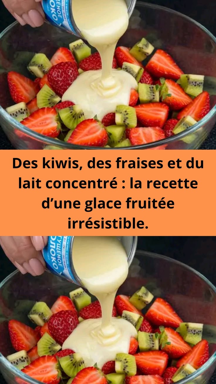 Des kiwis, des fraises et du lait concentré : la recette d’une glace fruitée irrésistible.