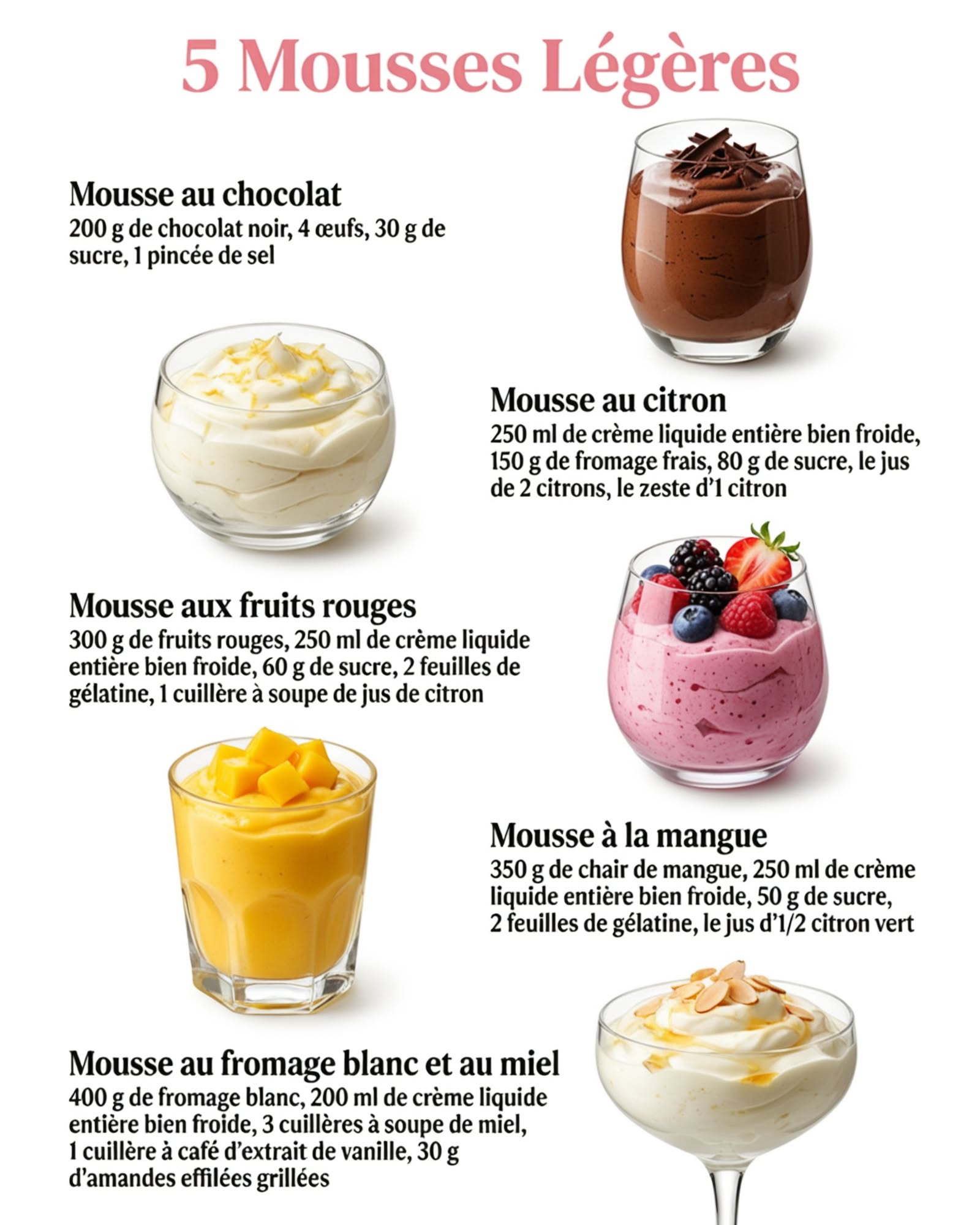 🍫 5 mousses légères pour finir le repas tout en douceur Laquelle apporterait la touche de fraîcheur qu’il faut à votre dessert, parce qu’elles sont toutes légères, aériennes et pleines de saveurs ?