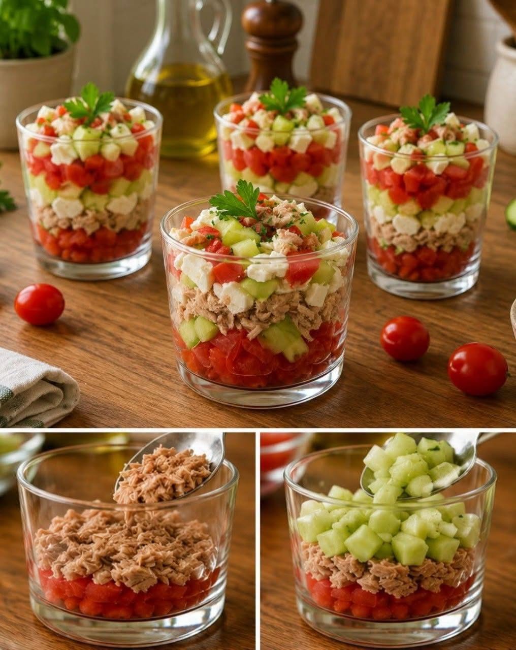 Tartare de concombre, thon, feta et tomate en verrine : une entrée fraîche et légère