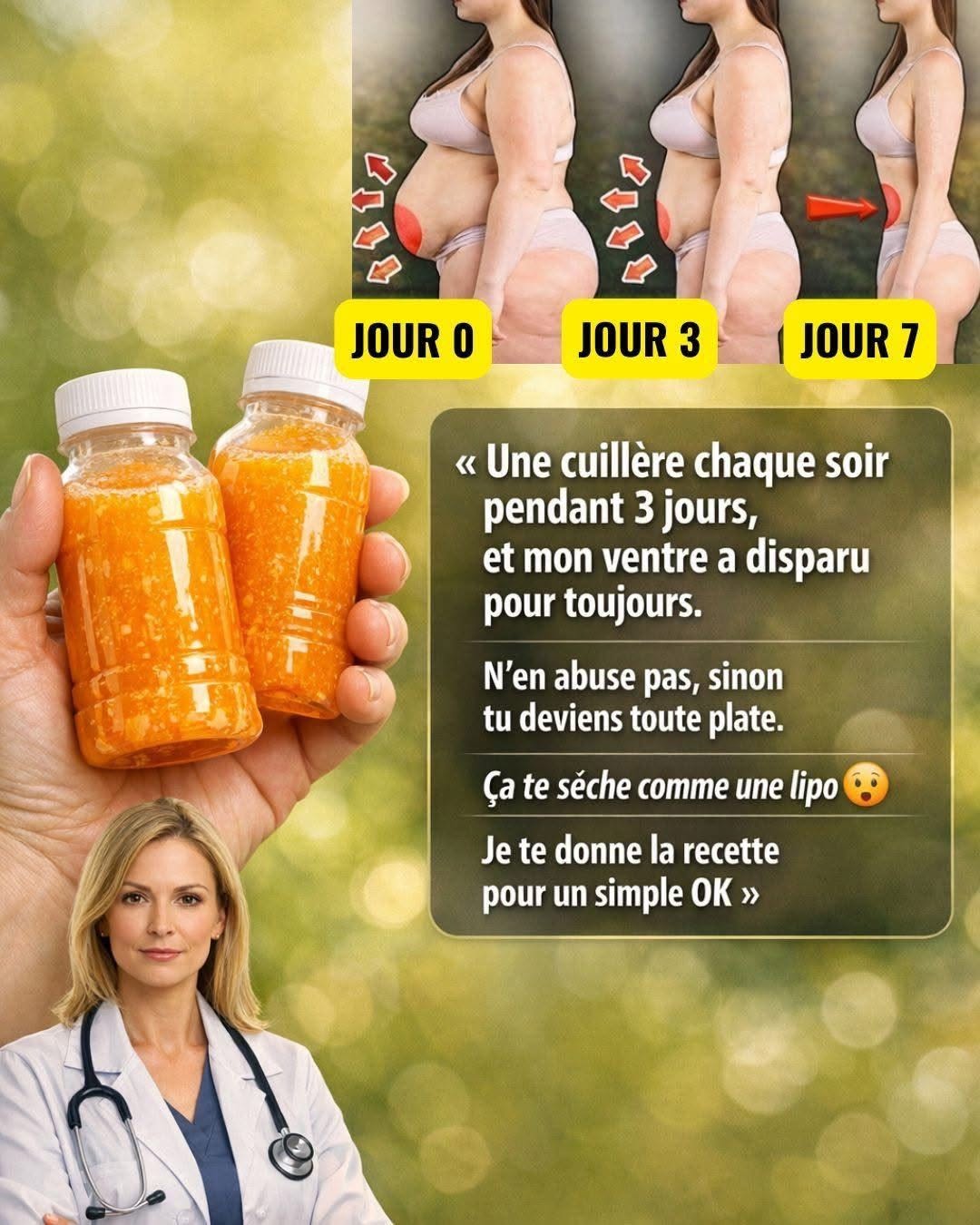 Une cuillère chaque soir pendant 3 jours et mon ventre a disparu pour de bon. N’en abusez pas car vous allez devenir toute plate ! Ça vous affine comme une lipo. Je vous donne la recette en échange d’un simple ‘OK’ !