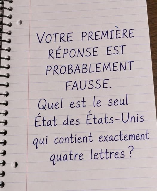 Les petits pièges de culture générale et énigmes linguistiques font partie des contenus qui génèrent le plus d’interactions sur les réseaux sociaux. Une image d’un cahier avec un texte manuscrit intrigue actuellement les internautes : « Votre première réponse est probablement fausse. Quel est le seul État des États-Unis qui contient exactement quatre lettres ? »