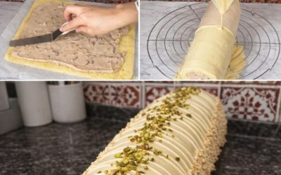 Gâteau roulé pâtissier sans crème liquide – Crème au lait & chocolat, glaçage chocolat blanc