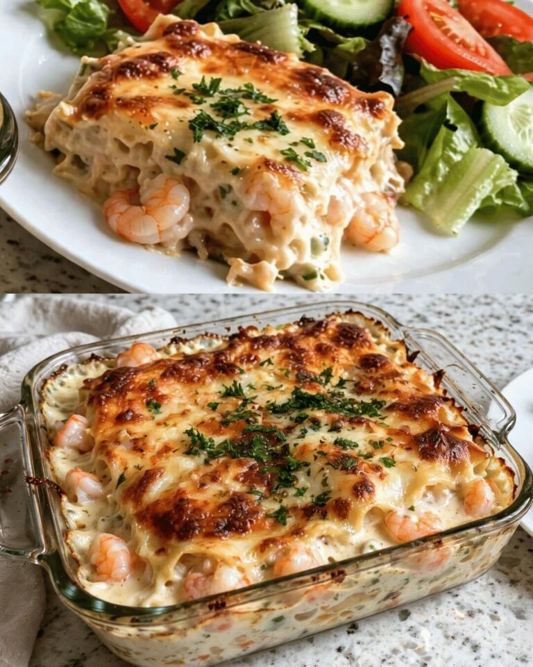 Gratin de Pâtes aux Crevettes, Sauce Crémeuse et Fromage Gratiné